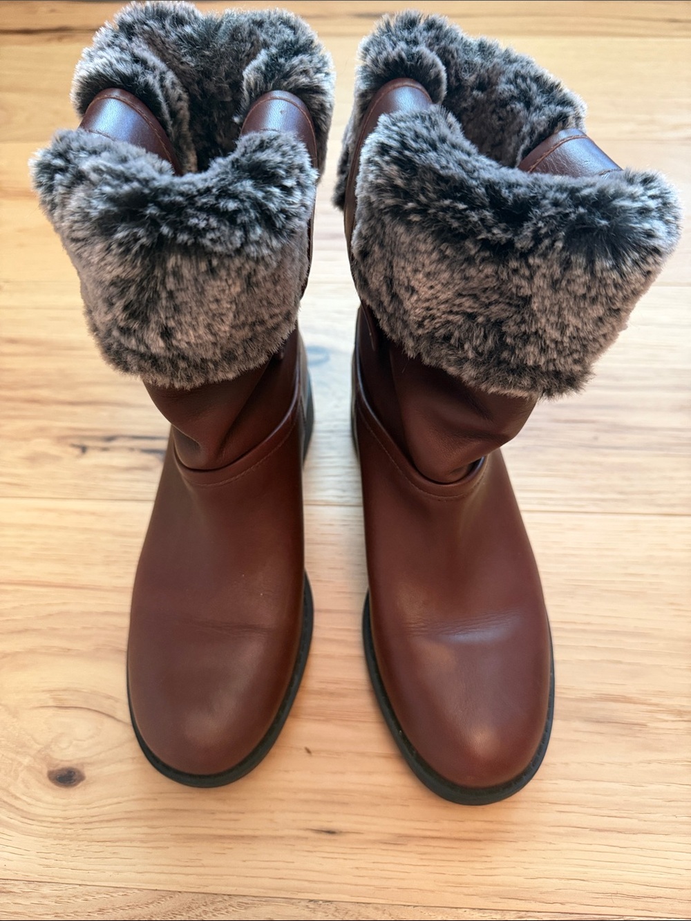 Cole Haan Brown Leather Winter Boots with Gray Faux-Fur Cuff